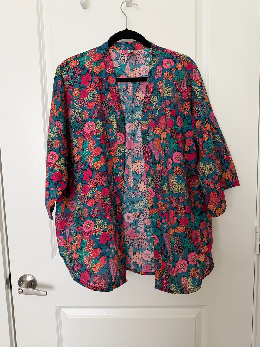 Floral Open-Front Kimono Jacket in Teal & Pink